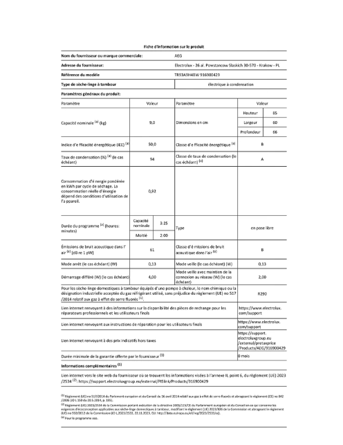 Sèche-linge pompe à chaleur AEG TR93A9H4BW Série 9000 – 9 kg Classe B