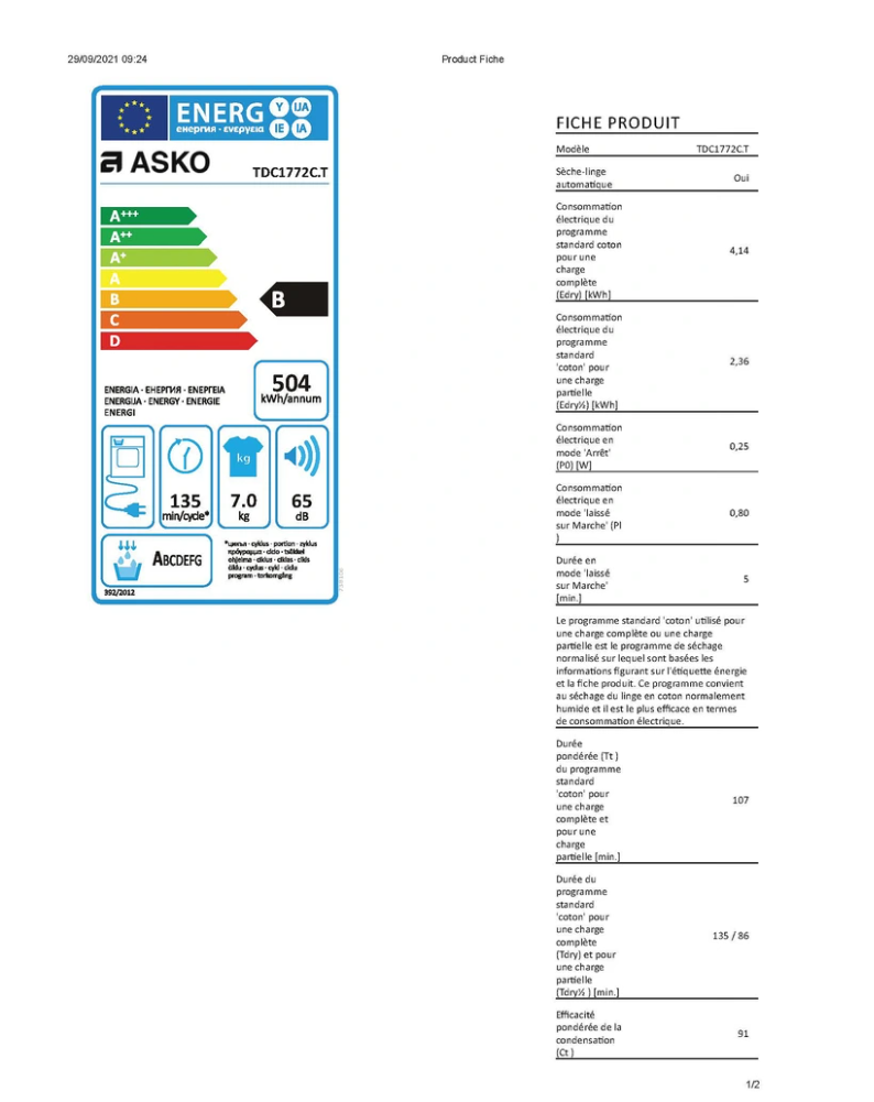 Sèche-linge à évacuation Asko TDC1773VC.S – 7 kg Butterfly™ Usage Intensif 15 000 cycles