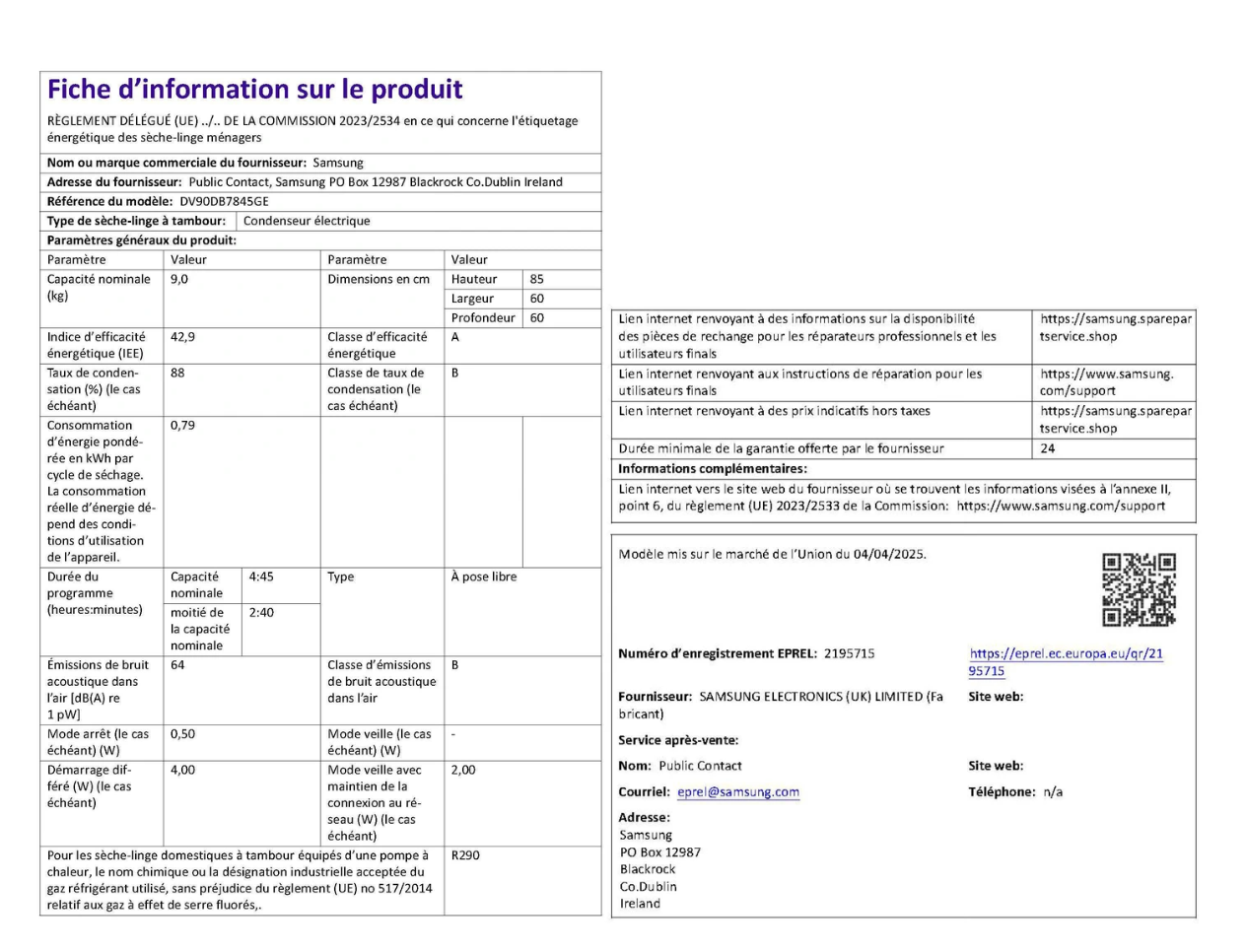Sèche-linge pompe à chaleur Samsung DV90DB7845GE Bespoke AI – 9 kg AI Dry+ Blanc Classe A