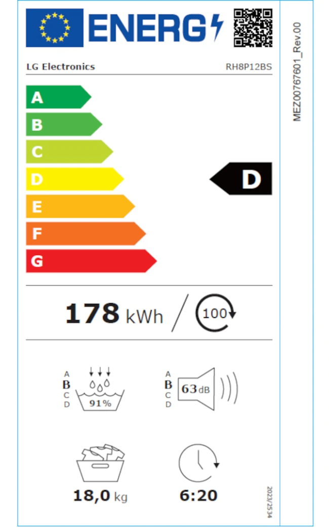 Sèche-linge pompe à chaleur LG RH8P12BS – 18 kg DUAL Inverter AI Direct Drive Noir