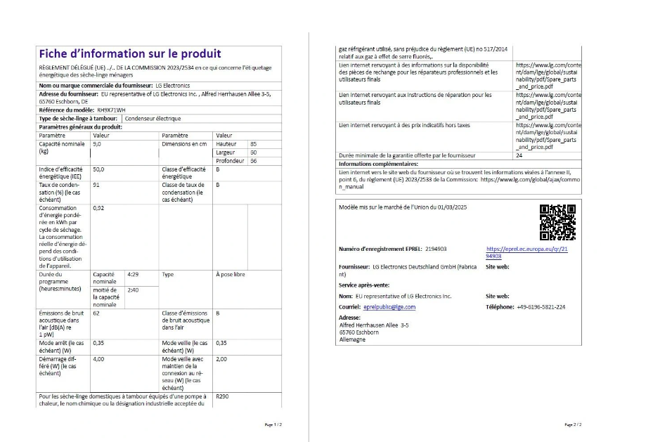 Sèche-linge pompe à chaleur LG RH9X71WH – 9 kg DUAL Inverter AI Dry Classe B