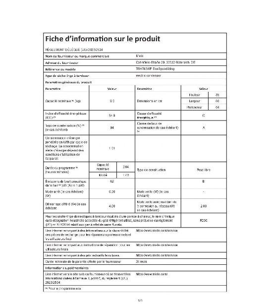 Sèche-linge pompe à chaleur Miele TSH 783 WP EcoSpeed – 9 kg Classe C