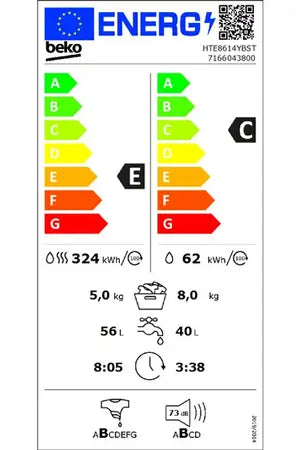 Lave-linge séchant Beko HTE8614YBST – 8/5 kg, Classe E, Steamcure