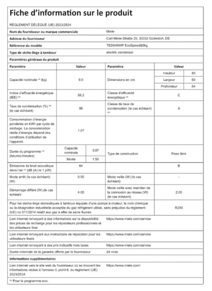 Sèche-linge pompe à chaleur Miele TED 645 WP – 9 kg EcoSpeed HygieneDry 20 ans