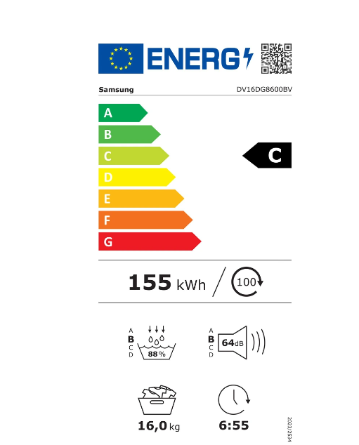 Sèche-linge pompe à chaleur Samsung DV16DG8600BV – 16 kg AI Dry Classe C