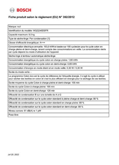 Sèche-linge pompe à chaleur Bosch WQG245DSFR Série 6 – 9 kg AutoDry R290 Classe A+++