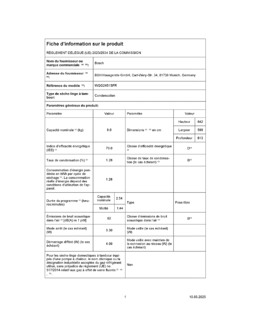 Sèche-linge pompe à chaleur Bosch WQG2451SFR – 9 kg Classe A++