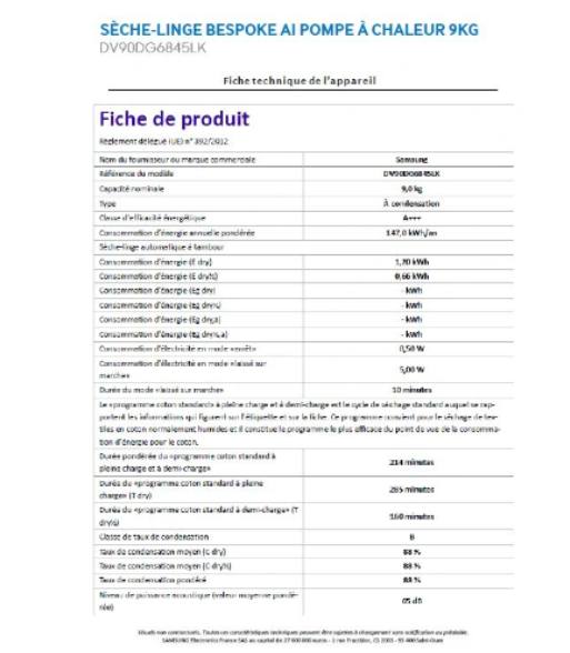 Sèche-linge pompe à chaleur Samsung DV90DG6845LK – 9 kg Classe A