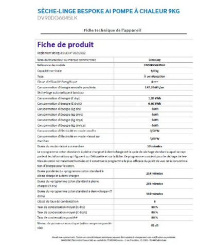 Sèche-linge pompe à chaleur Samsung DV90DG6845LK – 9 kg Classe A