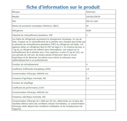 Climatiseur Mobile Electrolux EXP26U339CW Comfort 600 – 2600 W, Classe A, R290, 64 dB