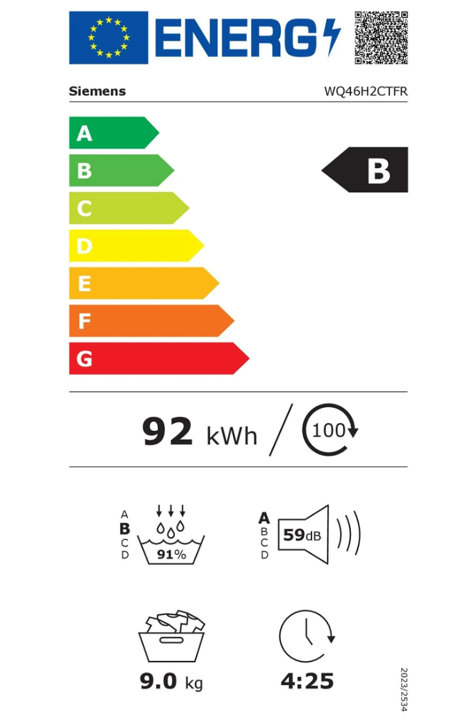 Sèche-linge pompe à chaleur Siemens WQ46H2CTFR iQ500 – 9 kg SmartFinish VarioSpeed R290