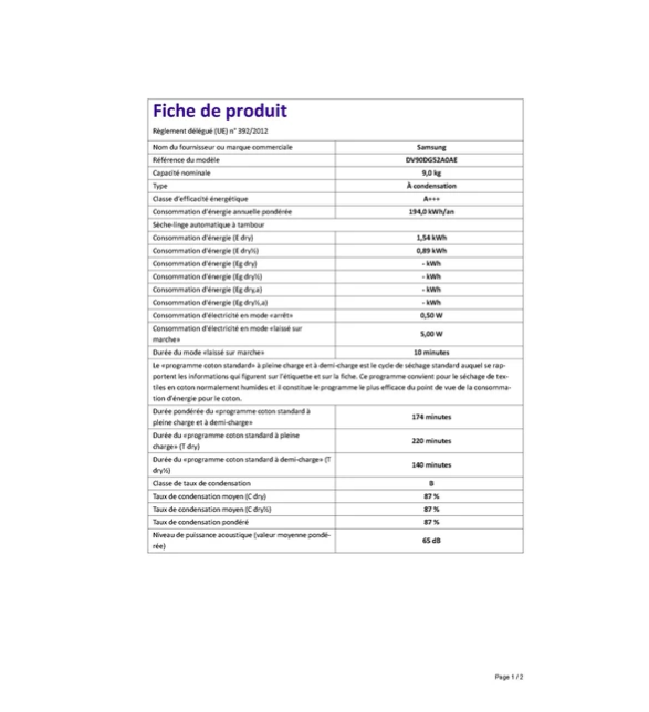 Sèche-linge pompe à chaleur Samsung DV90DG52A0AE – 9 kg Classe C