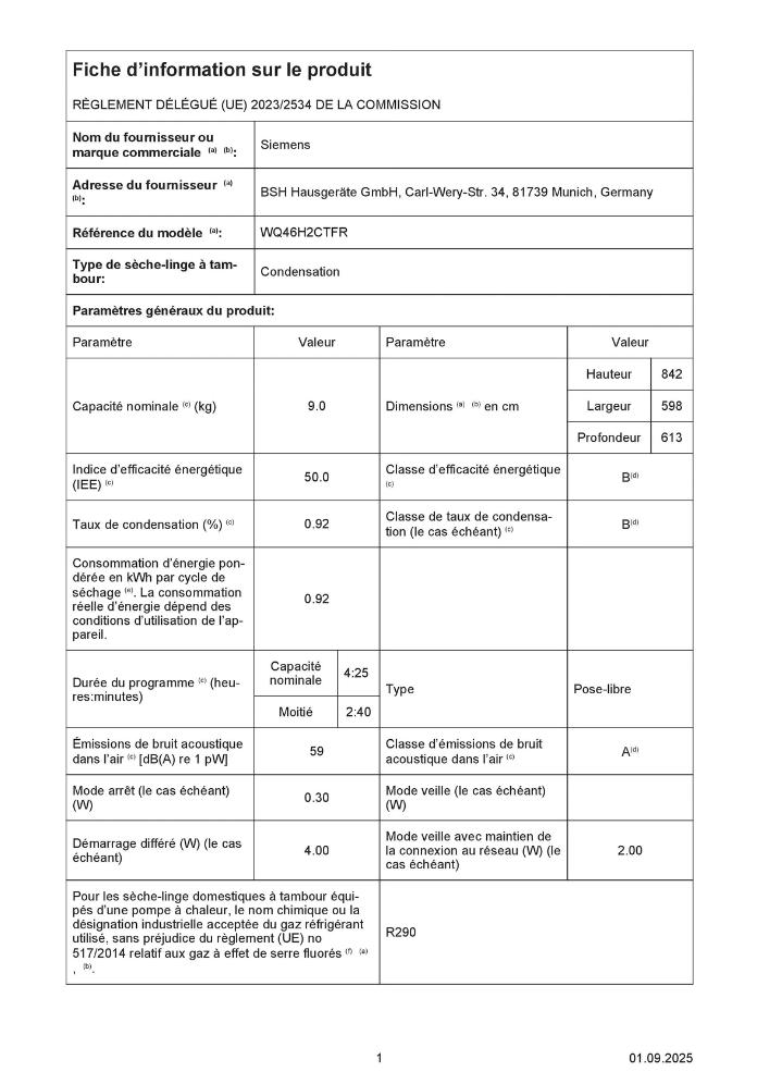 Sèche-linge pompe à chaleur Siemens WQ46H2CTFR iQ500 – 9 kg SmartFinish VarioSpeed R290