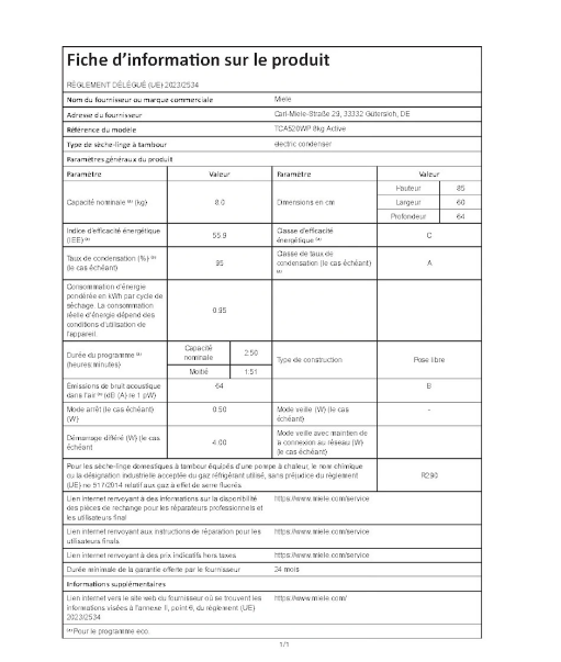 Sèche-linge pompe à chaleur Miele TCA 520 WP – 8 kg Classe C