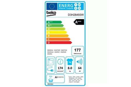 Beko D3H28493W – Sèche-linge Pompe à Chaleur 8 kg Blanc | Fin différée, 176 kWh/an