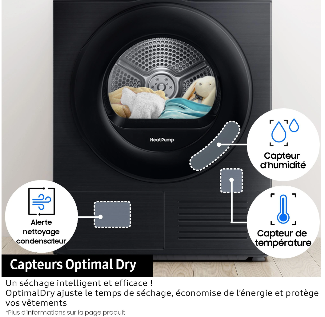 Sèche-linge pompe à chaleur Samsung DV90DB7845GE Bespoke AI – 9 kg AI Dry+ Blanc Classe A