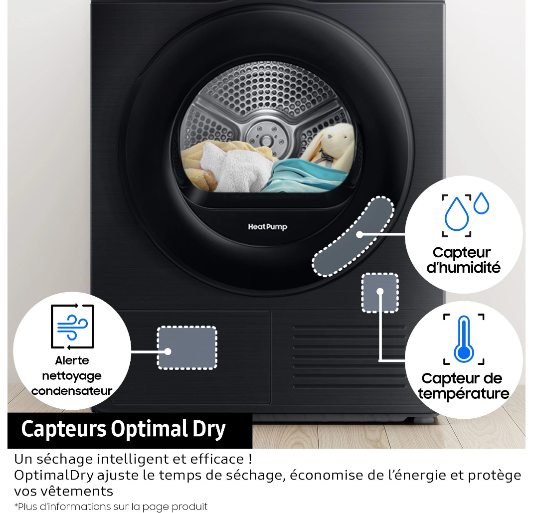 Sèche-linge pompe à chaleur Samsung DV90DB7845GB Bespoke AI – 9 kg AI Dry+ Noir Classe A