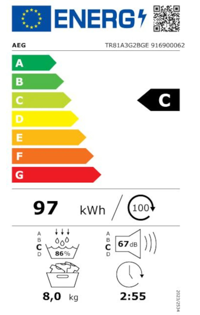 Sèche-linge pompe à chaleur AEG TR81A3G2BGE 8000 – 8 kg SensiDry AbsoluteCare