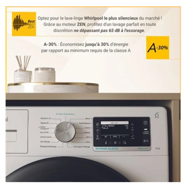 Lave-linge hublot Whirlpool W8X89AD – 8 kg Silence AutoDose