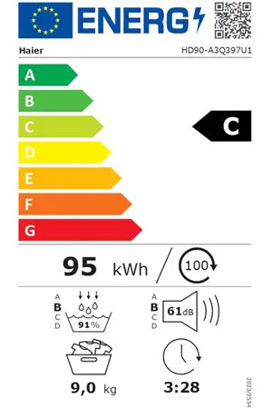 Haier HD90-A3Q397U1-S – Sèche-linge Pompe à Chaleur 9 kg Blanc | I-Refresh Pro, Wi-Fi