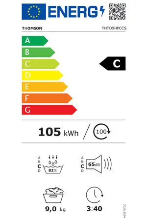 Thomson THTD9HPCCS – Sèche-linge Pompe à Chaleur 9 kg Blanc | Classe C, Programme Silent