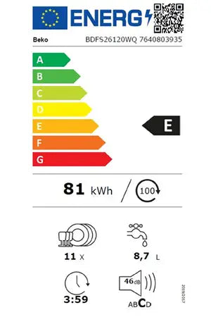 Beko BDFS26120WQ – Lave-vaisselle Pose Libre 45 cm 11 Couverts | AquaIntense 5x, Quick & Shine 58 min, Blanc
