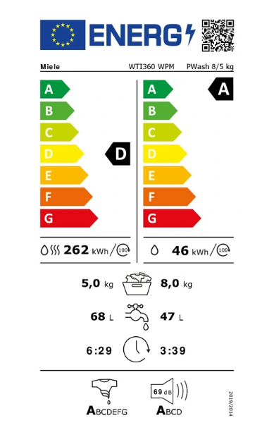 Lave-linge séchant Miele WTI 360 WPM – 8/5 kg SteamCare 1600 tr/min