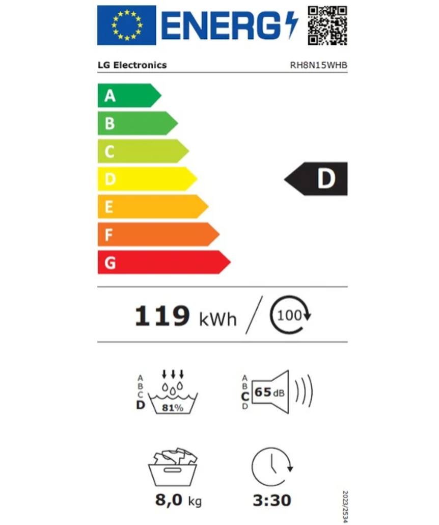 Sèche-linge pompe à chaleur LG RH8N15WHB – 8 kg Top Amovible Classe D