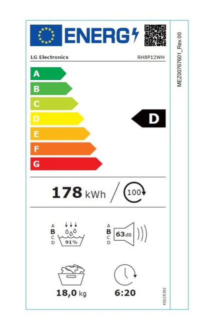 Sèche-linge pompe à chaleur LG RH8P12WH – 18 kg DUAL Inverter AI Direct Drive Blanc