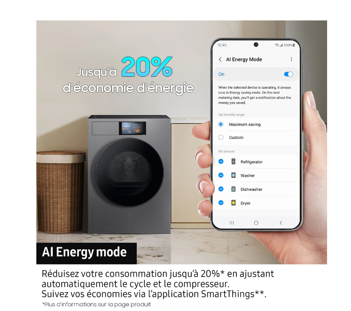 Sèche-linge pompe à chaleur Samsung DV90F09F4S BESPOKE AI – 9 kg Classe A