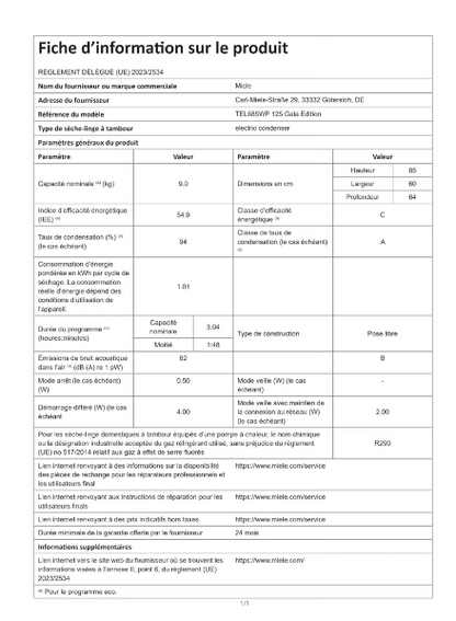 Sèche-linge pompe à chaleur Miele TEL685WP – SteamCare Connecté Classe C