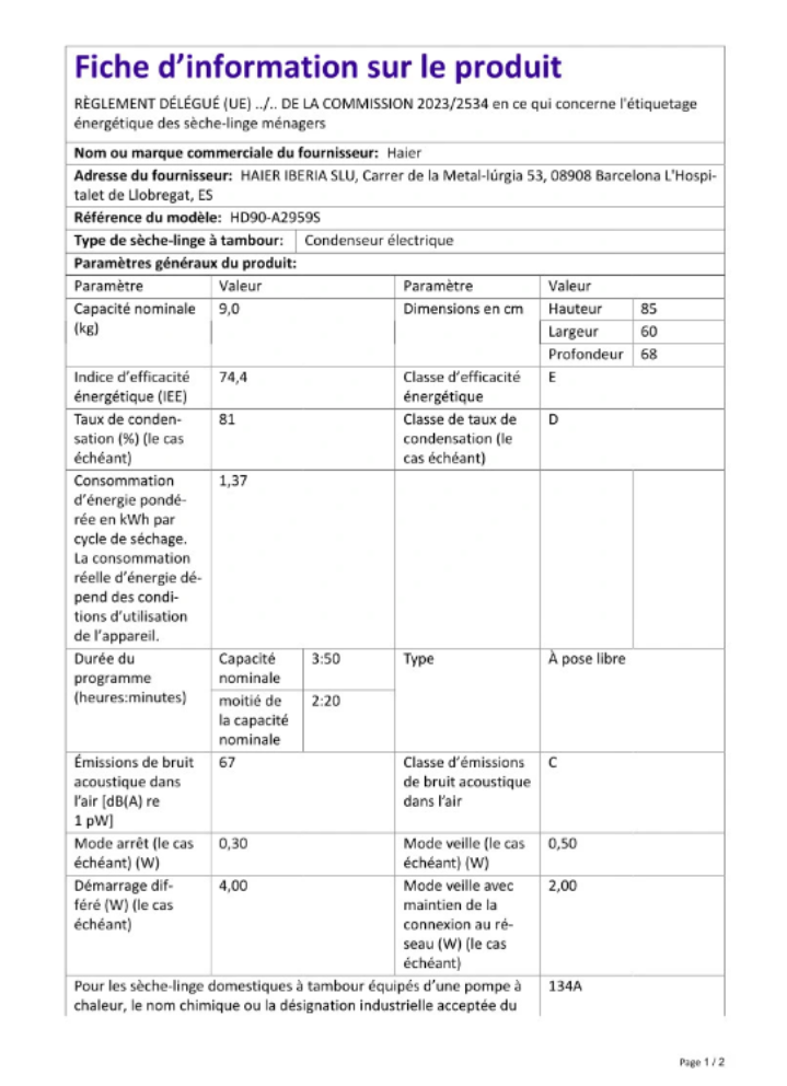 Sèche-linge Haier HD90-A2959R-FR Série 295 – 9 kg I-Refresh Classe E