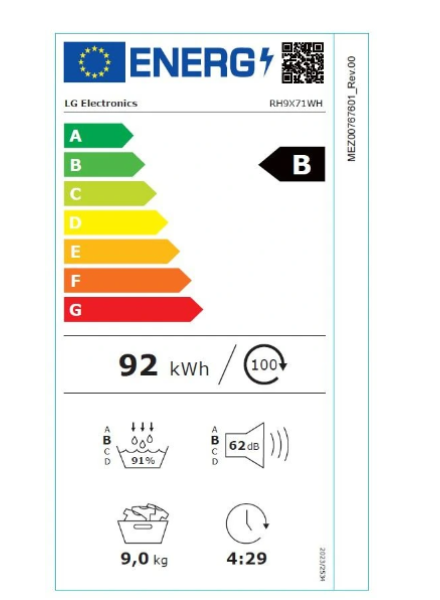 Sèche-linge pompe à chaleur LG RH9X71WH – 9 kg DUAL Inverter AI Dry Classe B