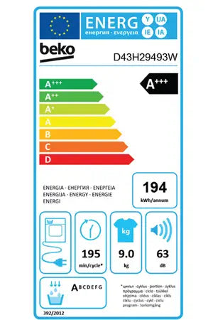 Beko D43H29493W – Sèche-linge Pompe à Chaleur 9 kg Blanc | SteamCure, Plastique Recyclé