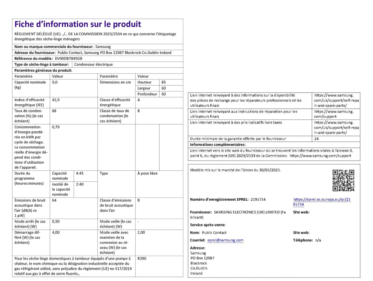 Sèche-linge pompe à chaleur Samsung DV90DB7845GB Bespoke AI – 9 kg AI Dry+ Noir Classe A